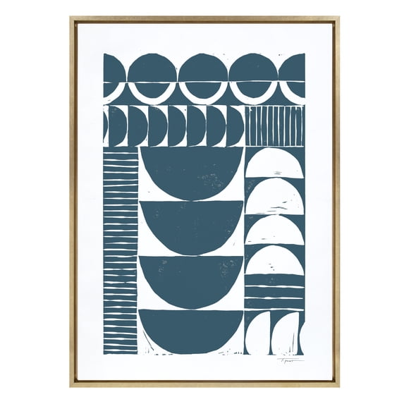 Kate and Laurel Sylvie Modern Circular Pattern Block Print Teal Framed Canvas Wall Art by Statement Goods, 28"x38" Gold, Chic Abstract Art for Wall