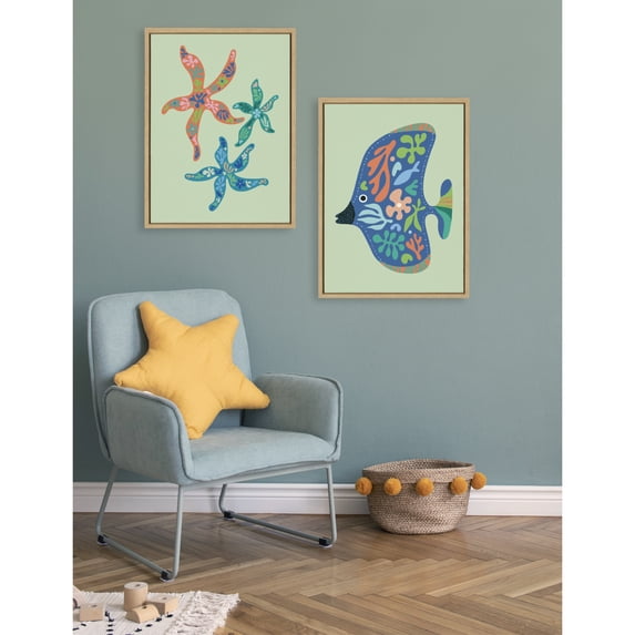 Kate and Laurel Sylvie Modern Colorful Starfish and Modern Colorful Tropical Fish Framed Canvas Wall Art Set by Rachel Lee, 2 Piece Set 18x24 Natural