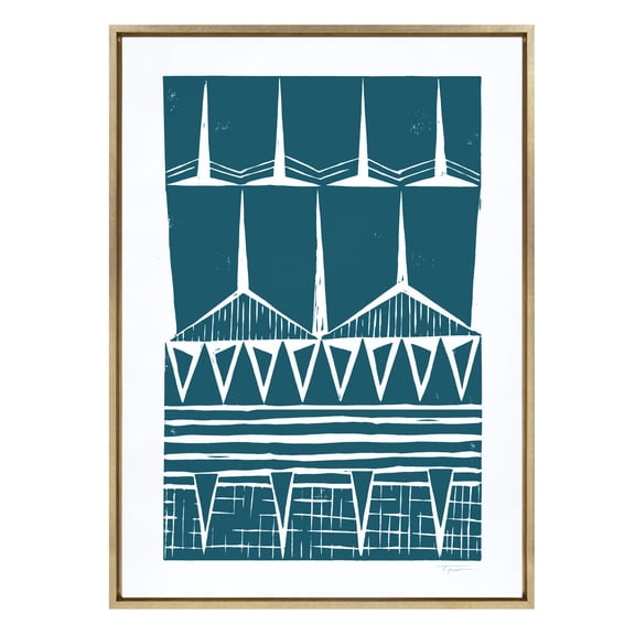 Kate and Laurel Sylvie Modern Tribal Block Print Teal Framed Canvas Wall Art by Statement Goods, 28x38 Gold, Modern Abstract Art for Wall