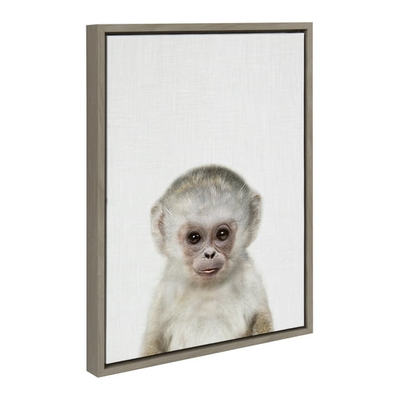 Kate and Laurel Sylvie Monkey Color Framed Canvas Wall Art by Simon Te of Tai Prints, 18x24 Gray, Simple Neutral Animal Portrait Art Wall Décor