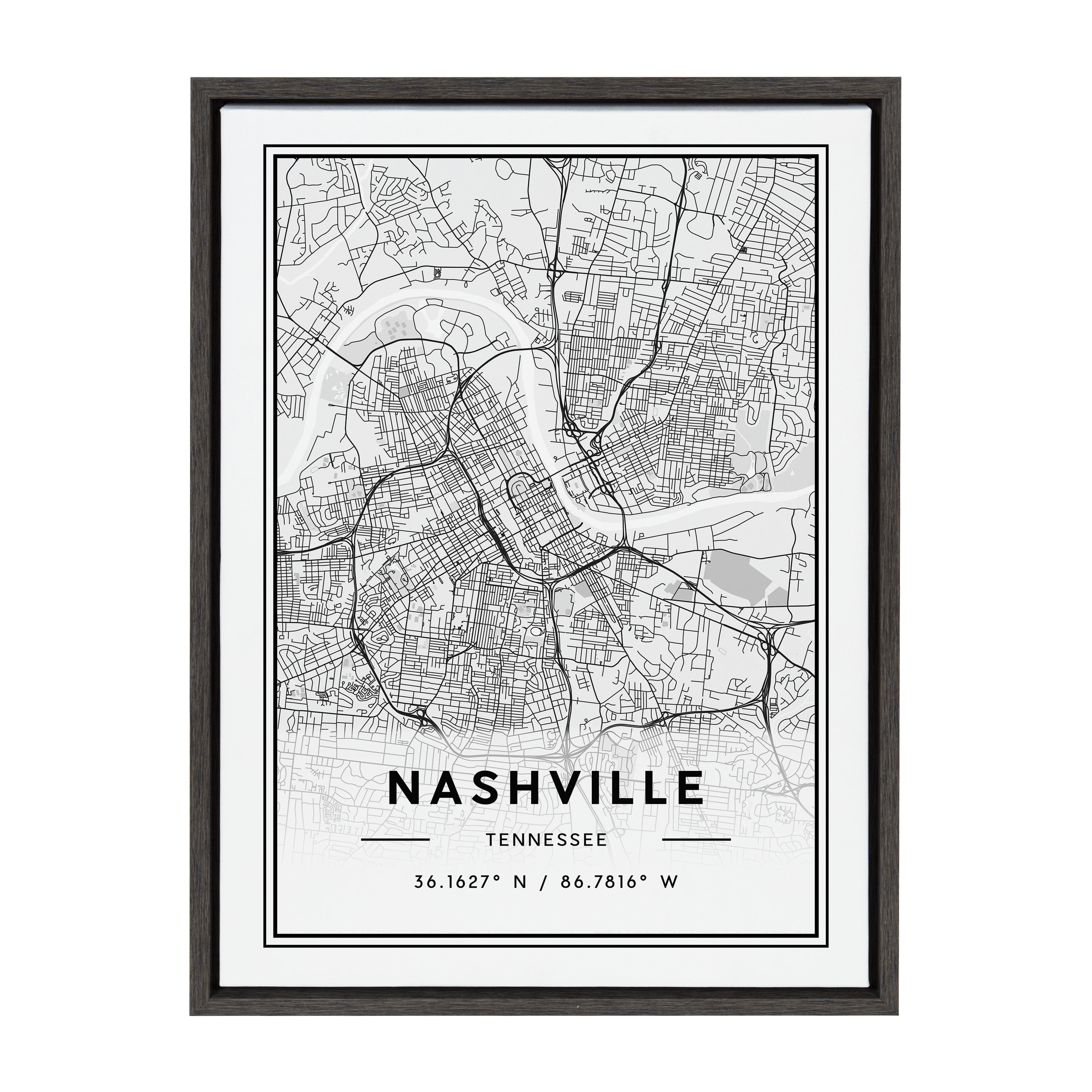 Sylvie Nashville Modern Map Gray Framed Canvas Wall Art, 18x24