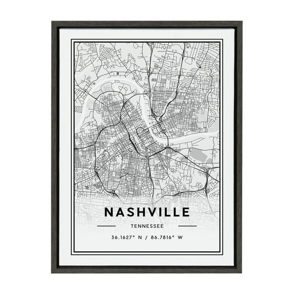 Kate and Laurel Sylvie Nashville Modern Map Framed Canvas Wall Art by Jake Goossen, 18x24 Gray, Decorative Map Art for Wall