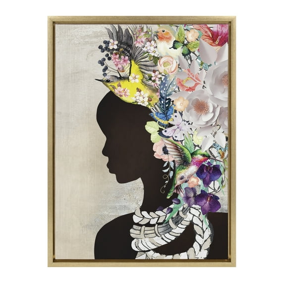 Kate and Laurel Sylvie Natural Woman Framed Canvas Wall Art by Nikki Chu, 18x24 Gold, Decorative Feminine Floral Art for Wall