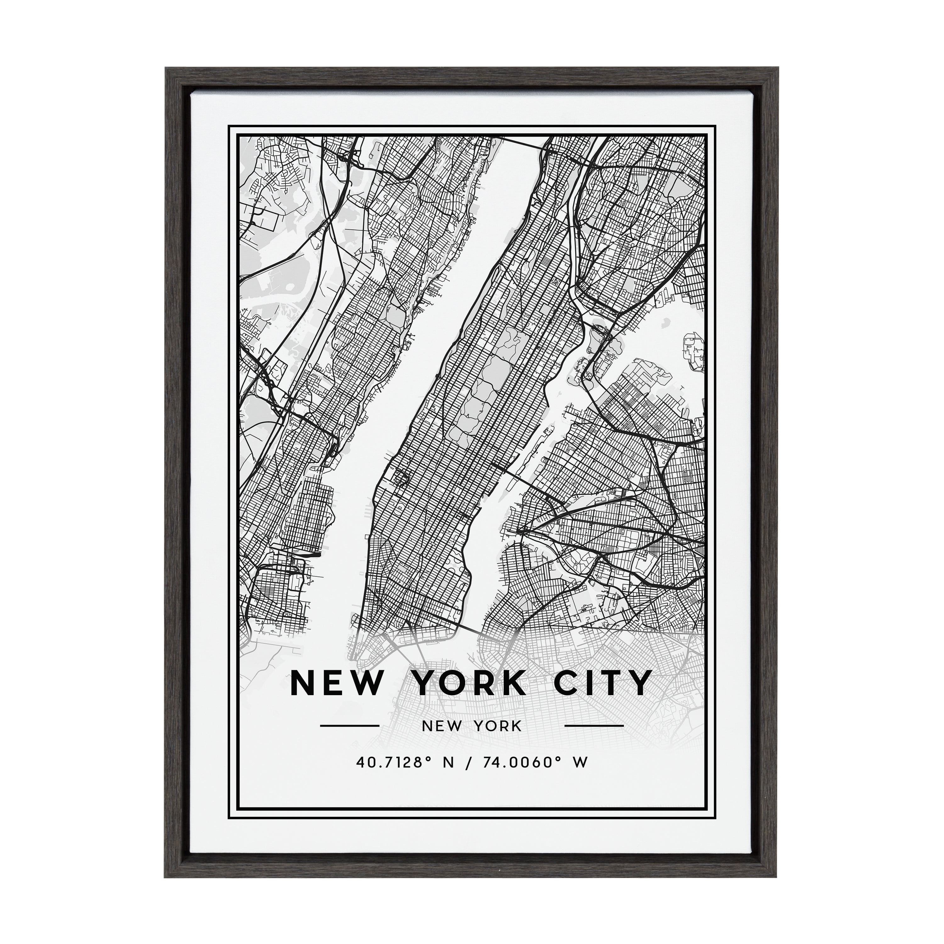 Kate and Laurel Sylvie New York City Modern Map Framed Canvas Wall Art by Jake Goossen, 18x24 Gray, Geographical Map for Wall