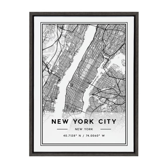Kate and Laurel Sylvie New York City Modern Map Framed Canvas Wall Art by Jake Goossen, 18x24 Gray, Geographical Map for Wall