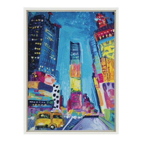 Kate and Laurel Sylvie New York Time Square Study No. 4 Framed Canvas Wall Art by Rachel Christopoulos, 18x24 White, Modern Travel Art for Walls