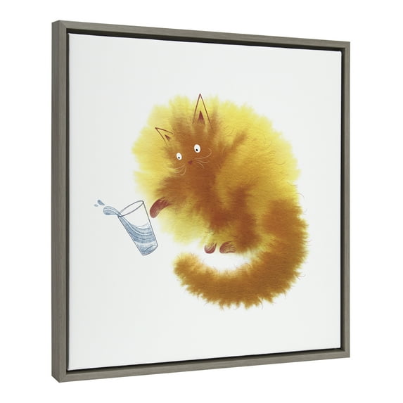 Kate and Laurel Sylvie Not Again Framed Canvas Wall Art by Faryn Hughes, 22x22 Gray, Modern Abstract Cat Art for Wall