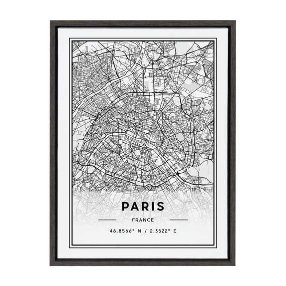 Kate and Laurel Sylvie Paris Modern Map Framed Canvas Wall Art by Jake Goossen, 18x24 Gray, Geography Art for Wall