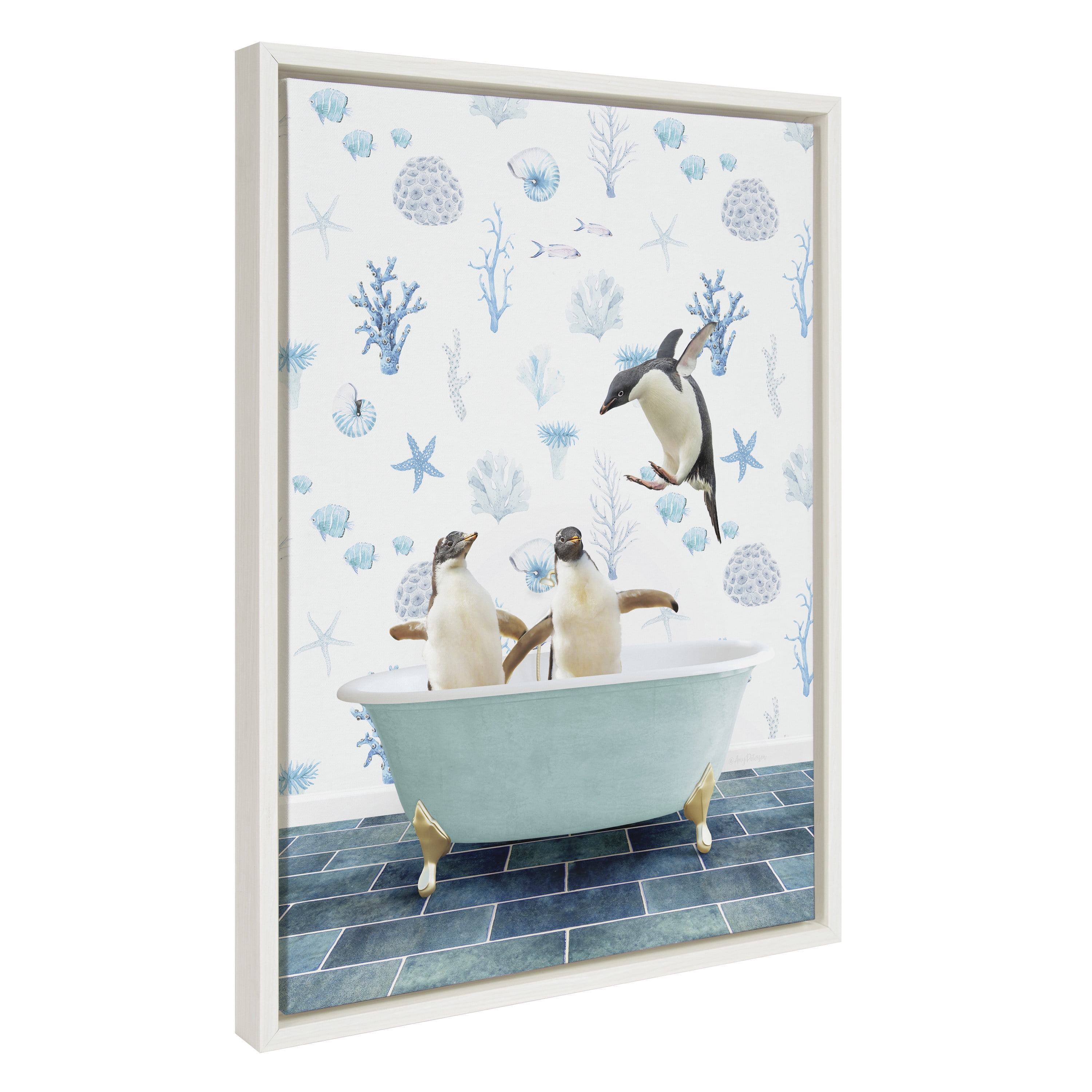 Penguins in Bathtub Coastal Canvas Wall Art, 18x24 White Frame