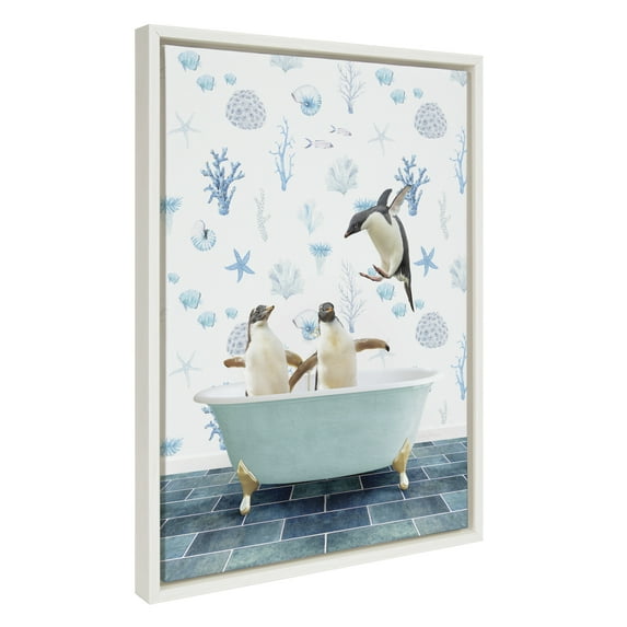 Kate and Laurel Sylvie Penguins In Under the Sea Bath Framed Canvas Wall Art by Amy Peterson Art Studio, 18x24 White, Coastal Bathroom Art Wall Décor
