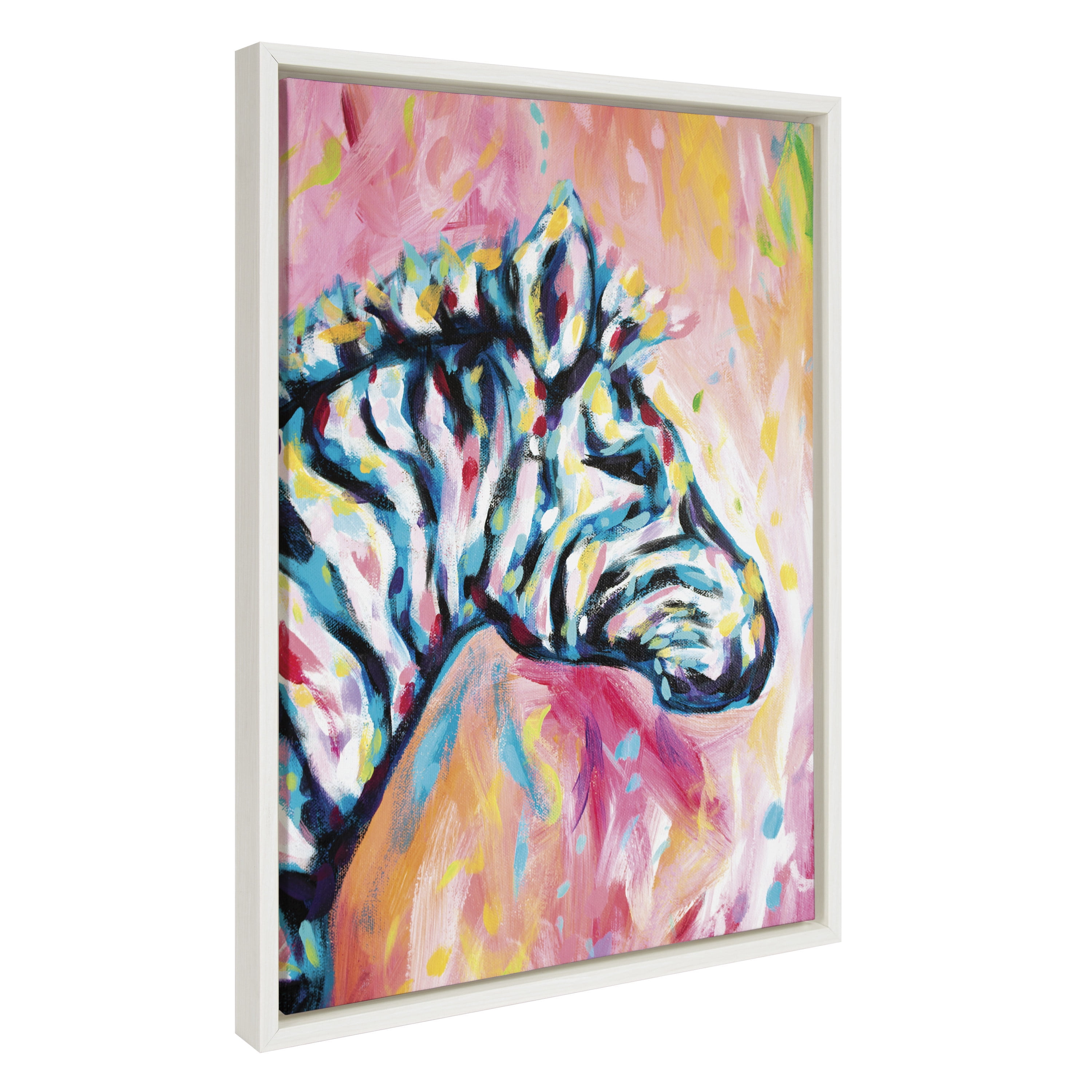Colorful Watercolor Zebra Print on Canvas with White Frame, 18x24