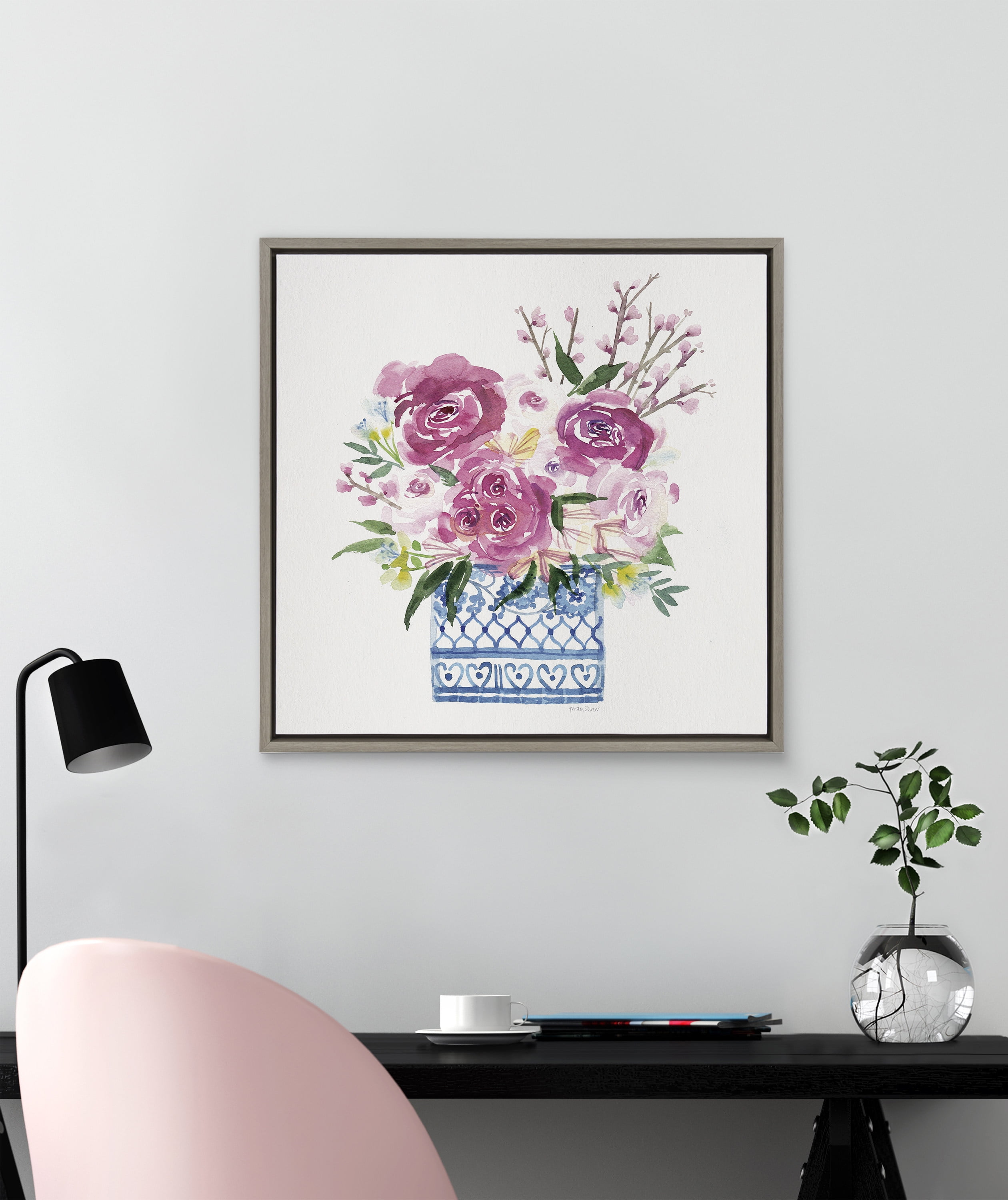 Pink Blooms in Chinoiserie Gray Framed Canvas Art Print, 22 x 22