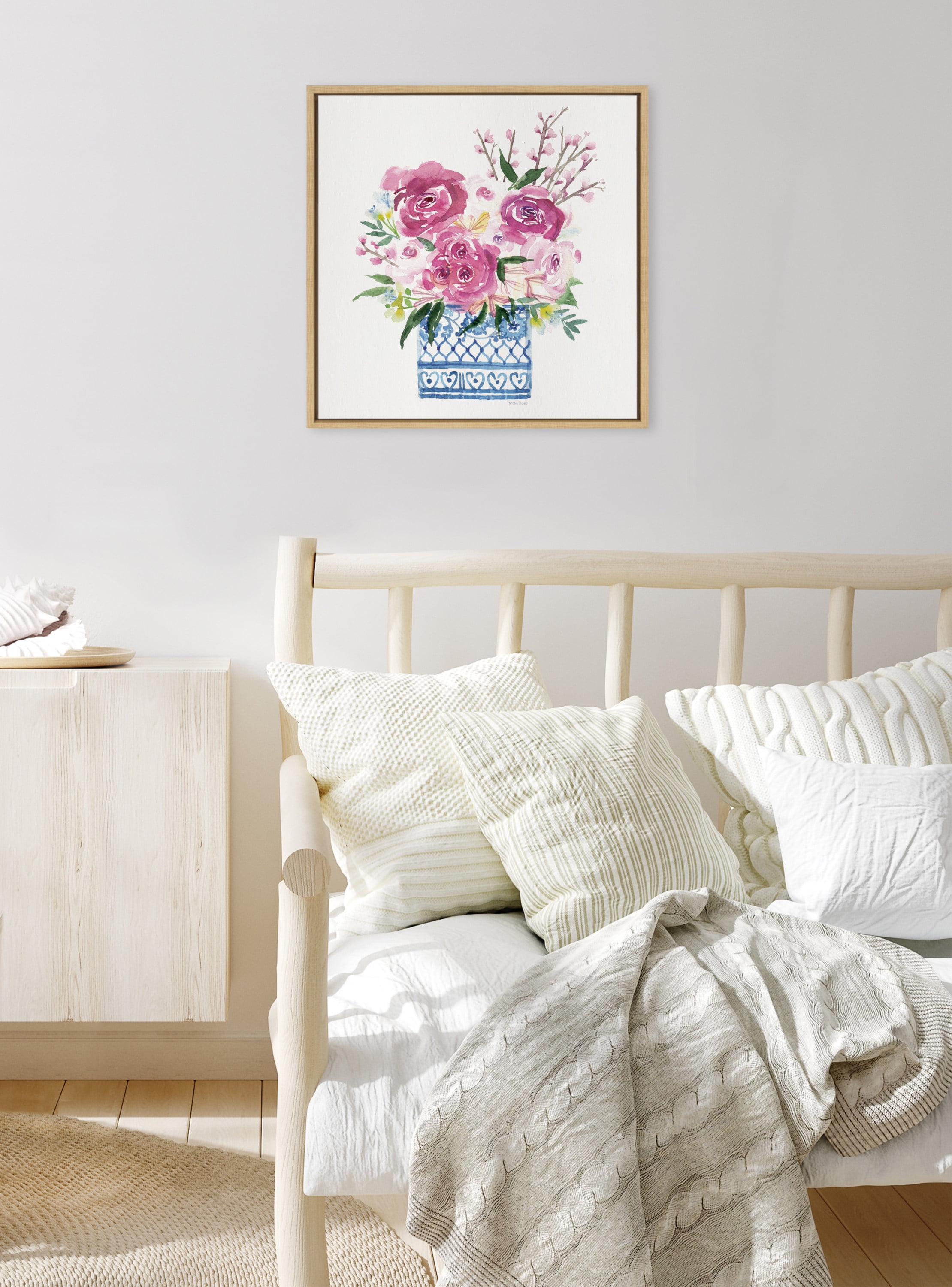 22" Pink Blooms Chinoiserie Canvas Print with Natural Frame