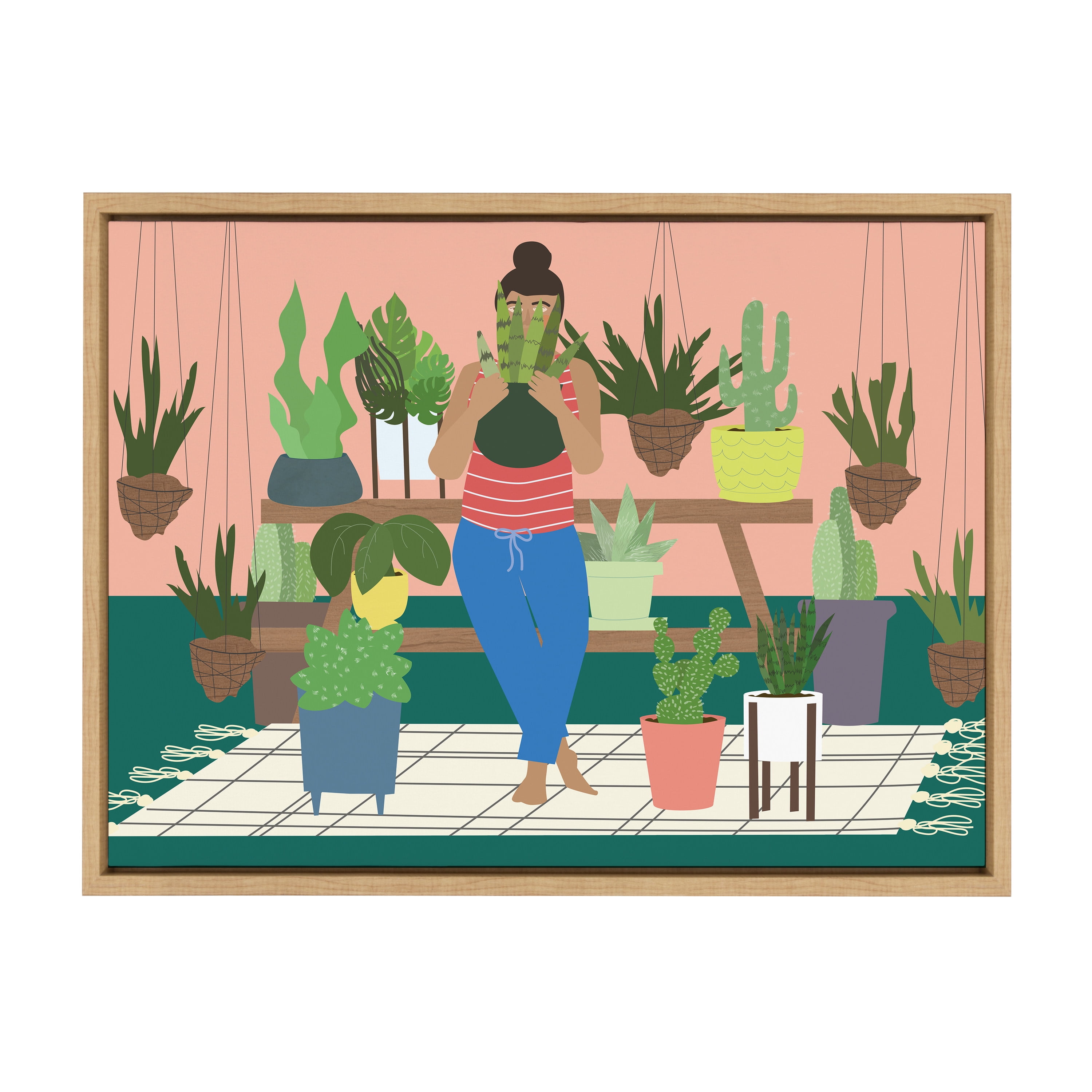 Sylvie Plant Lady Framed Canvas Art in Natural Wood Frame