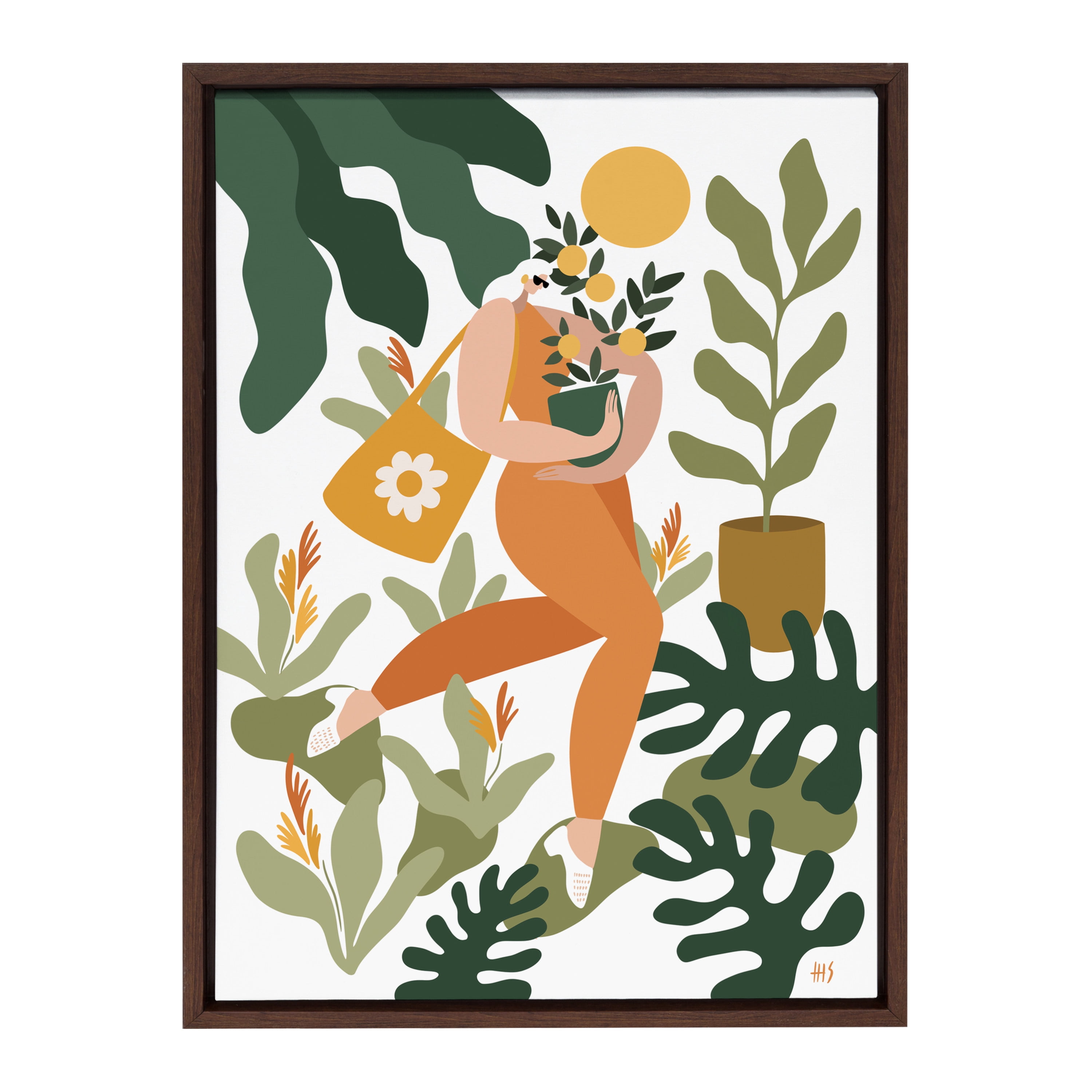 Kate and Laurel Sylvie Plastic Is For Losers Framed Canvas Wall Art by Maggie Stephenson, 18x24 Brown, Mid Century Plant Lover Wall Décor