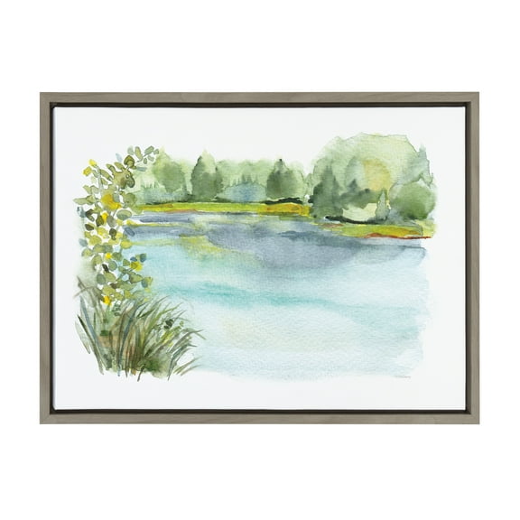 Kate and Laurel Sylvie Pond Landscape Framed Canvas Wall Art by Patricia Shaw, 18x24 Gray, Decorative Landscape Art for Wall