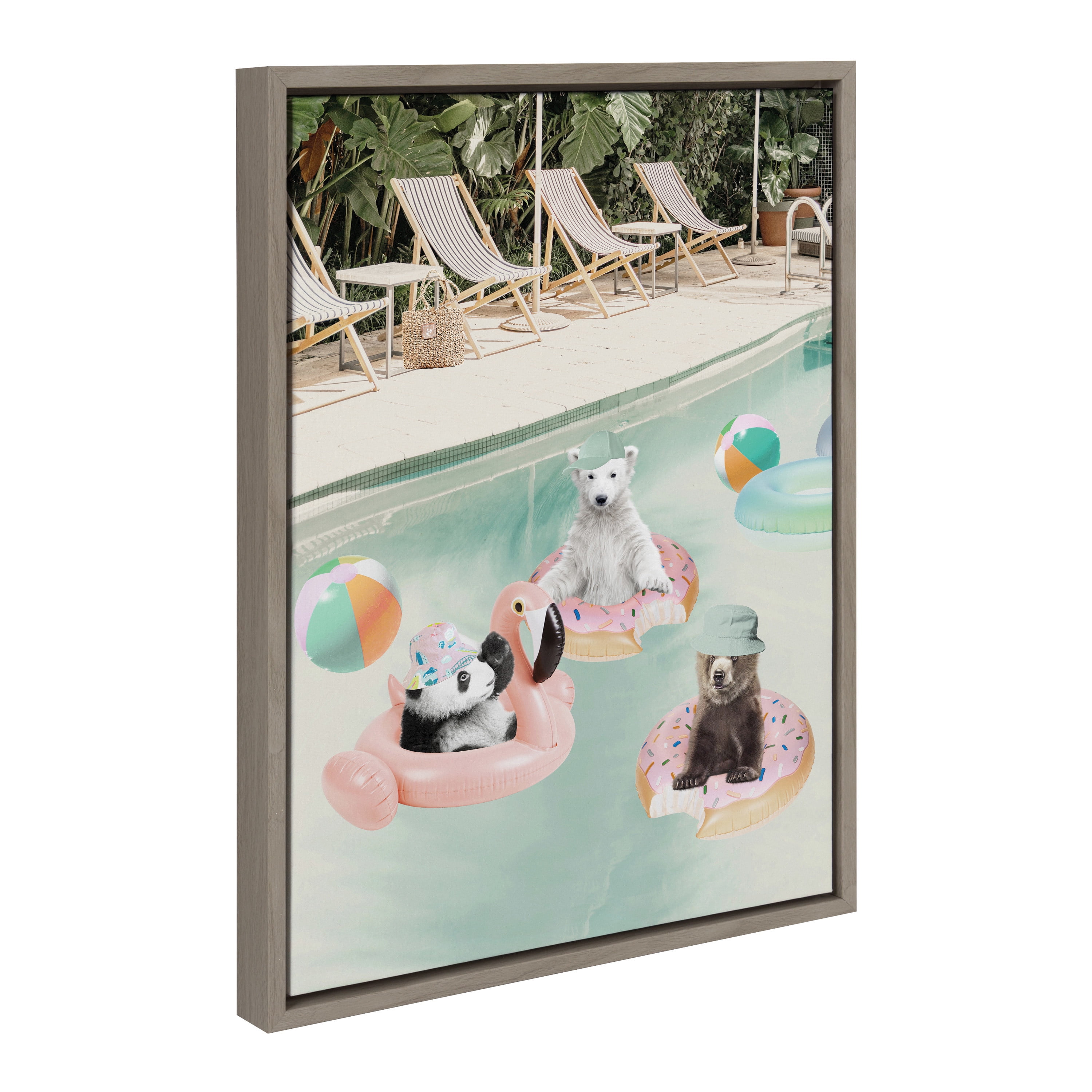 Sylvie Pool Party Gray Canvas Art with Animal Print, 18x24
