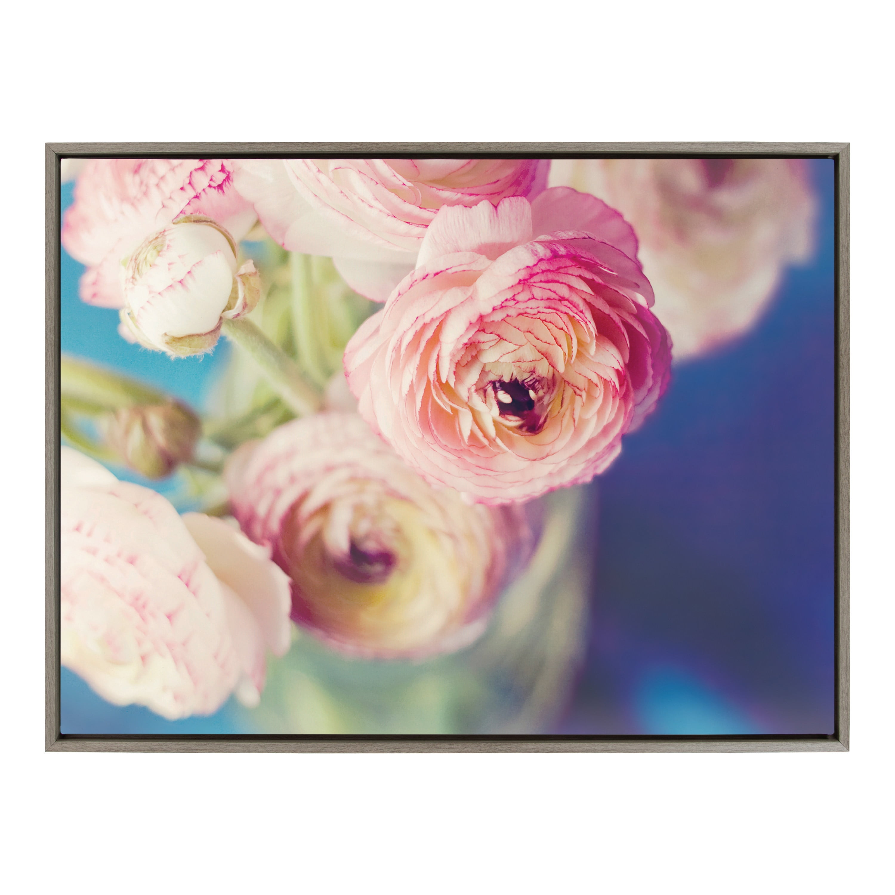 Large Pink and Blue Floral Canvas Print with Gray Frame