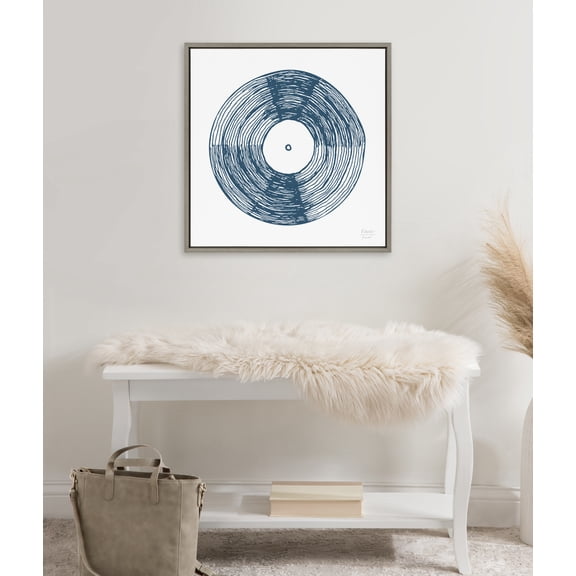 Kate and Laurel Sylvie Record Blue Framed Canvas Wall Art by Statement Goods, 22x22 Gray, Minimal Blue Vinyl Art for Wall