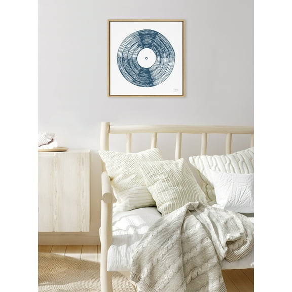 Kate and Laurel Sylvie Record Blue Framed Canvas Wall Art by Statement Goods, 22x22 Natural, Minimal Blue Vinyl Art for Wall