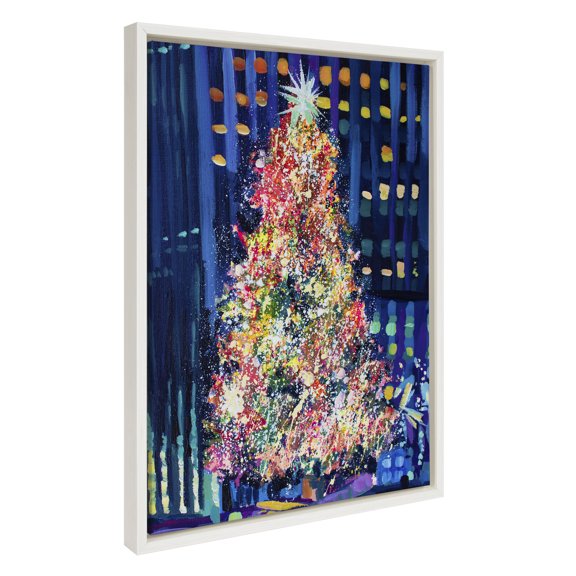 Kate and Laurel Sylvie Rockefeller Center Tree Framed Canvas Wall Art by Rachel Christopoulos, 18x24 White, New York Christmas Tree Art for Wall