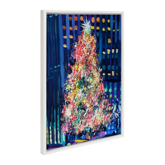 Kate and Laurel Sylvie Rockefeller Center Tree Framed Canvas Wall Art by Rachel Christopoulos, 23x33 White, New York Christmas Tree Art for Wall
