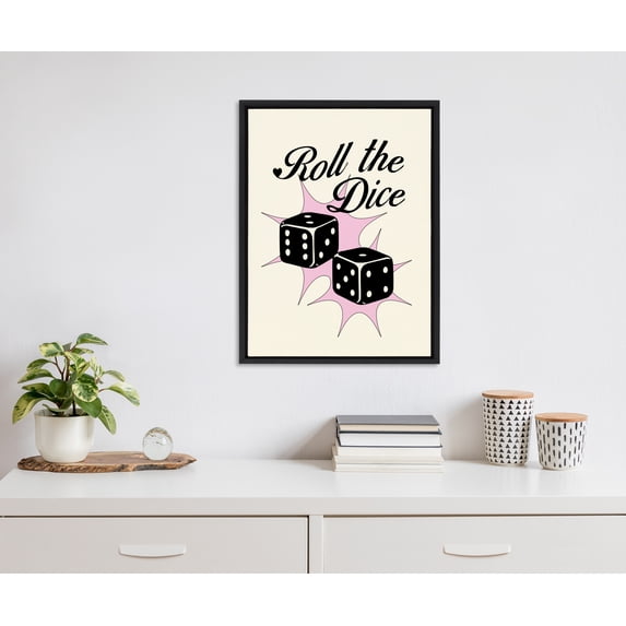 Kate and Laurel Sylvie Roll The Dice Pink Framed Canvas Wall Art by Alli Standefer, 18x24 Black, Cute Casino Dice Art for Wall