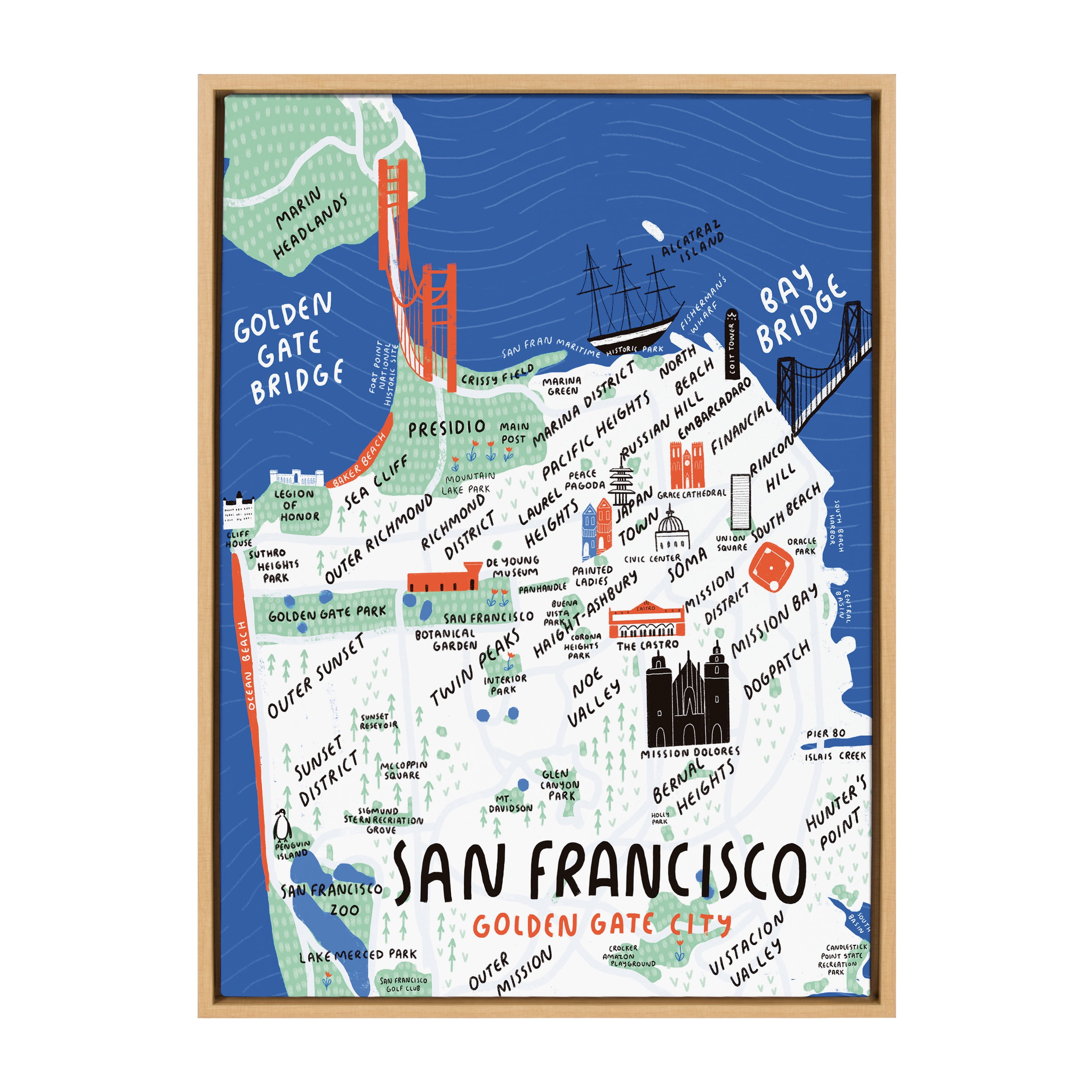 San Francisco Illustration Framed Canvas for Kids Nursery, 23x33, Natural