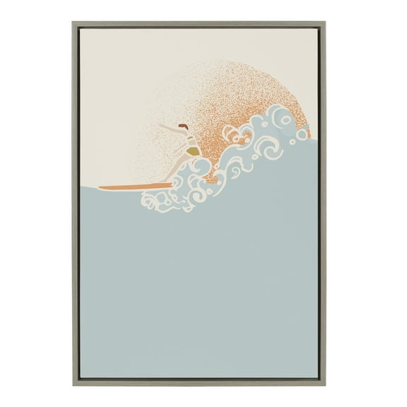 Kate and Laurel Sylvie Sea Breeze Surfer Girl Framed Canvas Wall Art by Hannah Beisang, 23x33 Gray. Decorative Beach Art for Wall