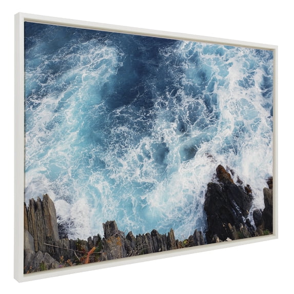 Kate and Laurel Sylvie Sea Foam Framed Canvas Wall Art by Rachel Bolgov, 28x38 White, Scenic Coastal Ocean View Art for Wall
