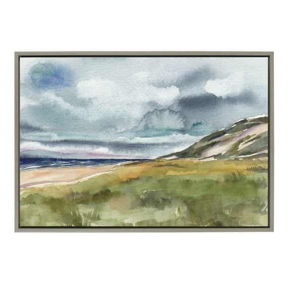 Kate and Laurel Sylvie Seascape Framed Canvas Wall Art by Patricia Shaw, 23x33 Gray, Decorative Watercolor Landscape Art Print for Wall