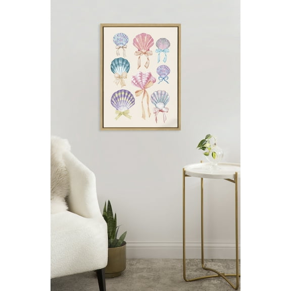 Kate and Laurel Sylvie Seashell Bows Framed Canvas Wall Art by Honey Island Studio, 18x24 Natural, Cute Coastal Beach Art for Wall