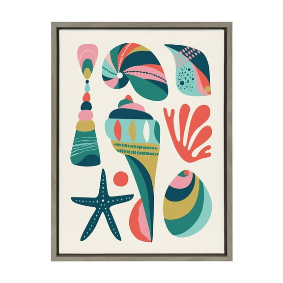Kate and Laurel Sylvie Seashells Framed Canvas Wall Art by Rachel Lee of My Dream Wall, 18x24 Gray, Decorative Midcentury Shell Art for Wall