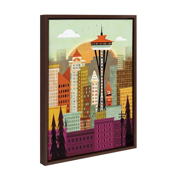 Kate and Laurel Sylvie Seattle Skyline Framed Canvas Wall Art by Amber Leaders Designs, 18x24 Brown, Fun Illustrated City Skyline Art for Wall