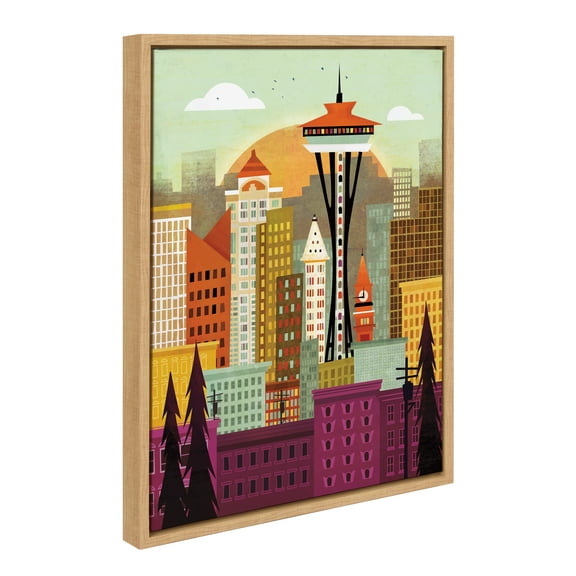 Kate and Laurel Sylvie Seattle Skyline Framed Canvas Wall Art by Amber Leaders Designs, 18x24 Natural, Fun Illustrated City Skyline Art for Wall