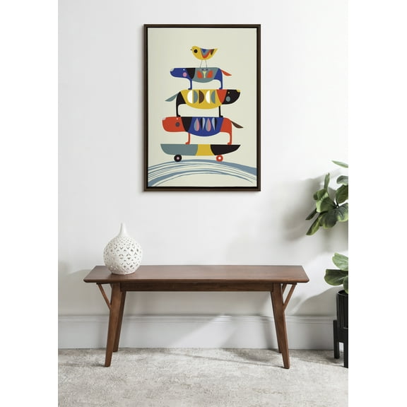 Kate and Laurel Sylvie Skate Dog Framed Canvas Wall Art by Rachel Lee of My Dream Wall, 23x33 Walnut Brown, Decorative Animal Art for Wall