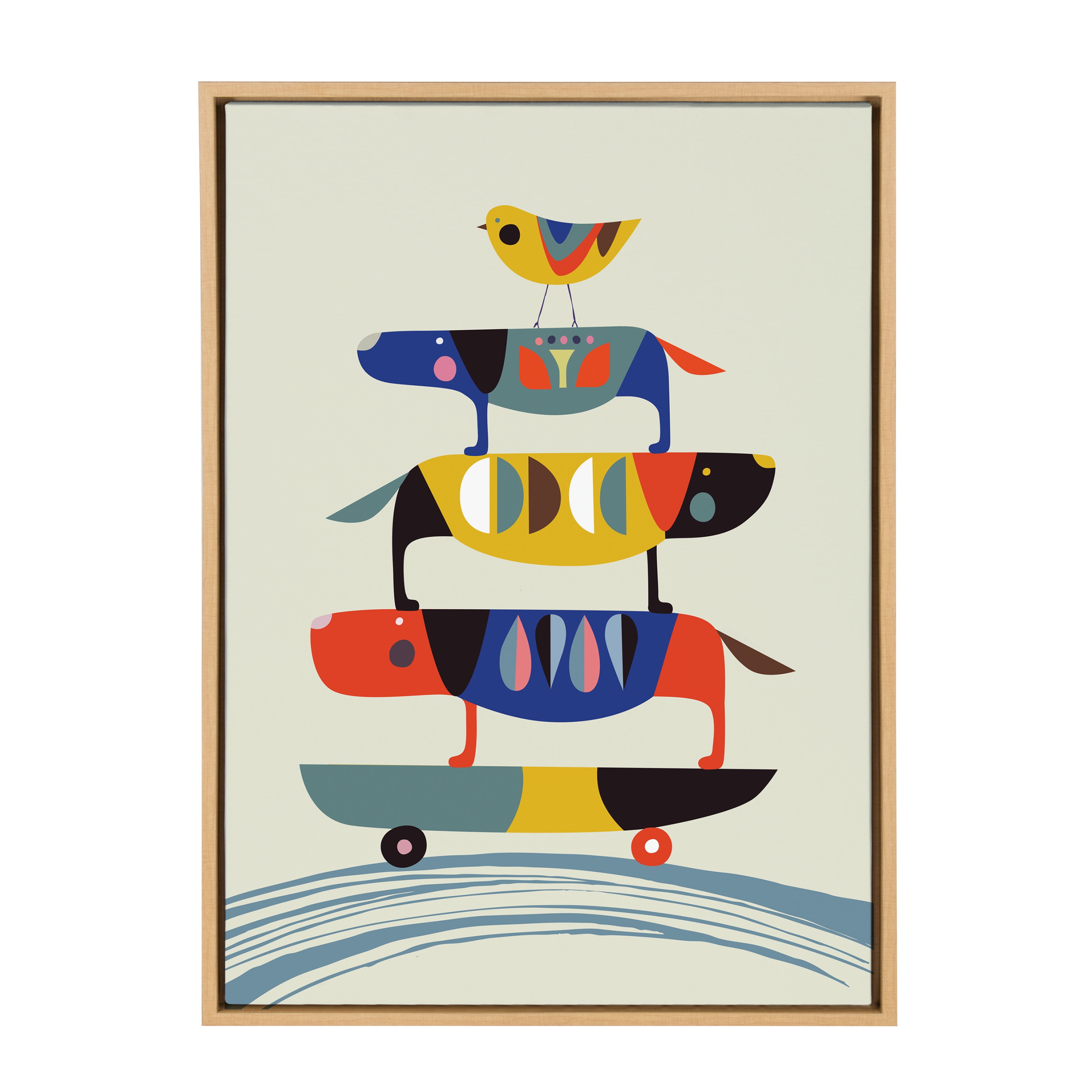 Colorful Mid Century Modern Dog Print on Canvas with Natural Frame