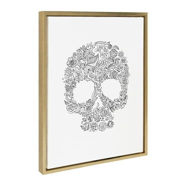 Kate and Laurel Sylvie Skull Print Framed Canvas Wall Art by Viola Kreczmer, 18x24 Gold, Black and White Floral Art for Wall