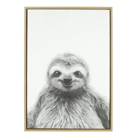 Kate and Laurel Sylvie Sloth Animal Print Black and White Portrait Framed Canvas Wall Art by Simon Te Tai, 23x33 Natural