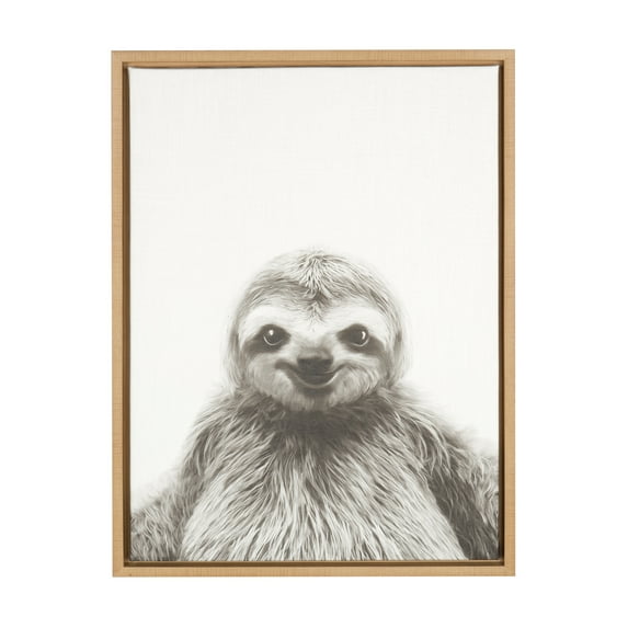 Kate and Laurel Sylvie Sloth Black and White Portrait Framed Canvas Wall Art by Simon Te Tai, 18x24 Natural