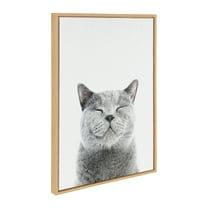 Kate and Laurel Sylvie Smiling Cat Framed Canvas Wall Art by Amy Peterson Art Studio, 23x33 Natural, Whimsical Fun Modern Animal Nursery Art for Wall