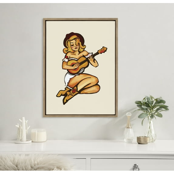 Kate and Laurel Sylvie Smokey Eyes Cowgirl Framed Canvas Wall Art by The Whiskey Ginger, 18x24 Gold, Cute Western Art for Wall