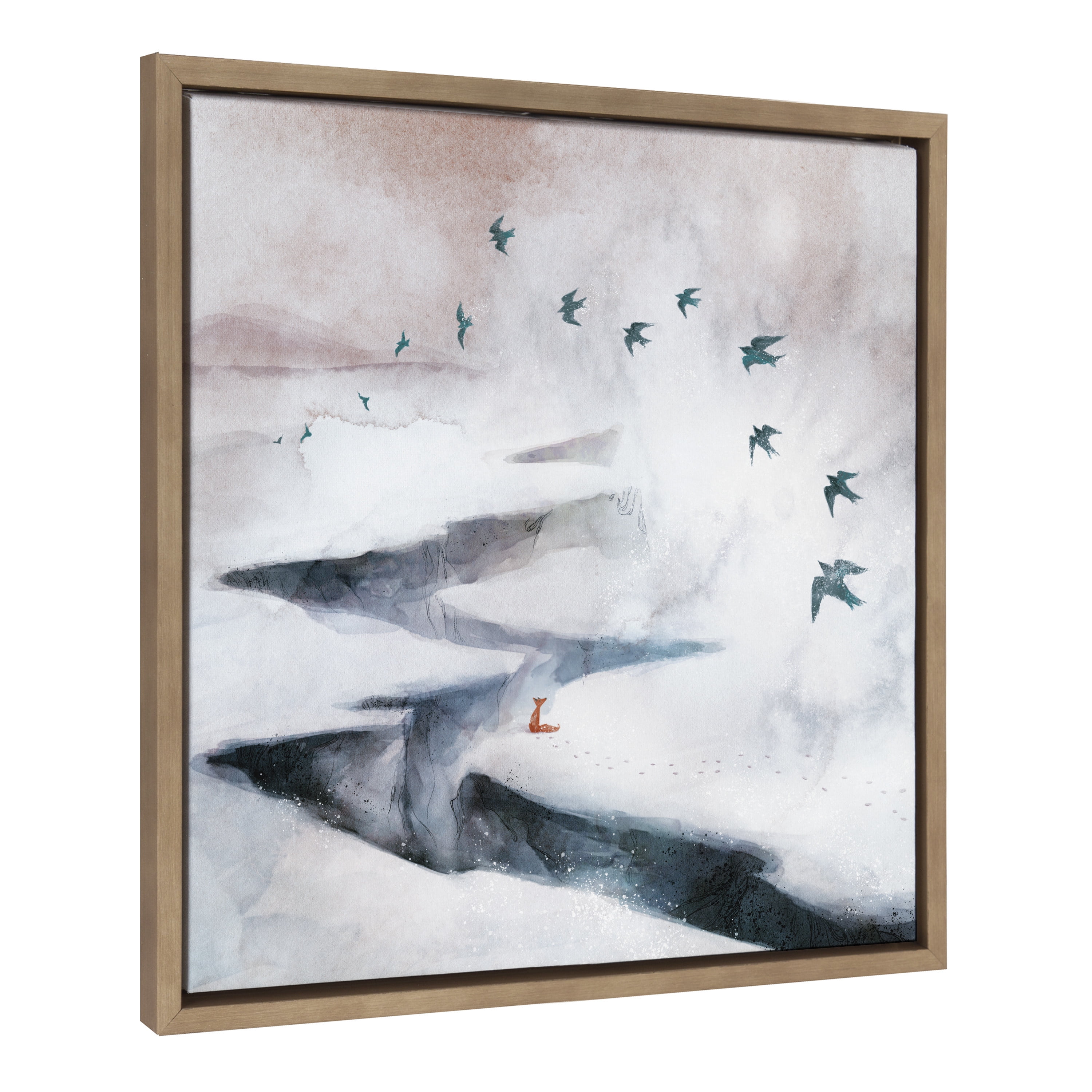 Sylvie Snow Day Fox and Birds Framed Canvas in Gold Frame