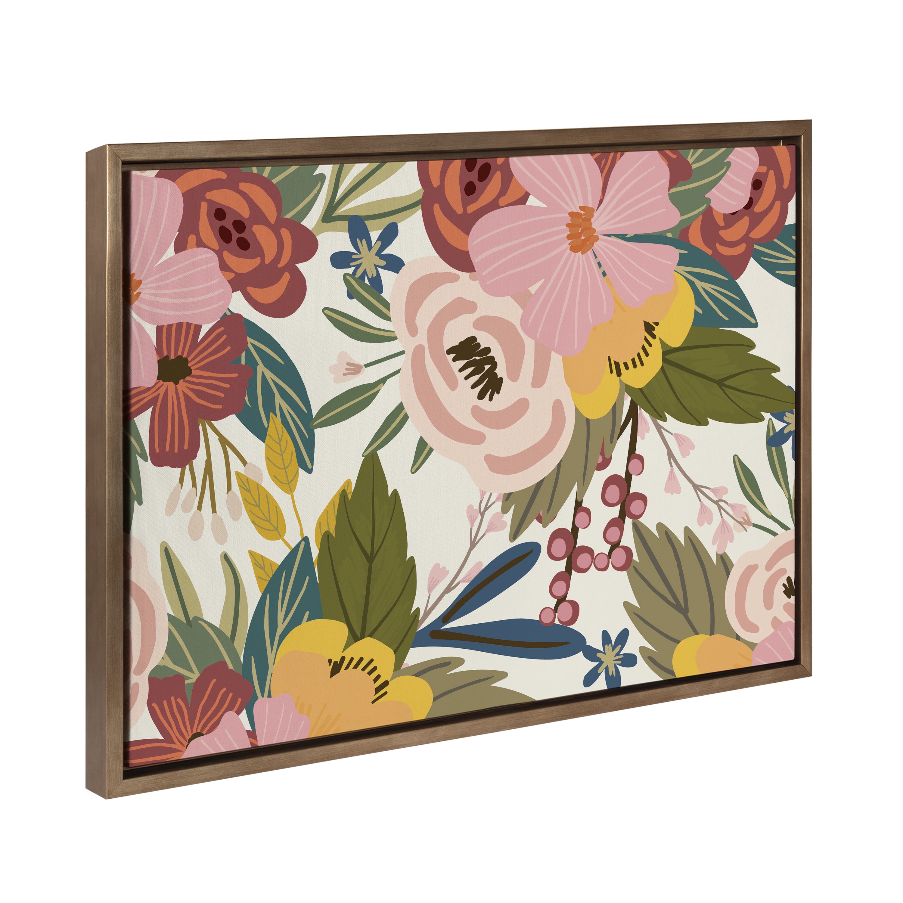 Colorful Floral Abstract Canvas Wall Art with Gold Frame, 18x24