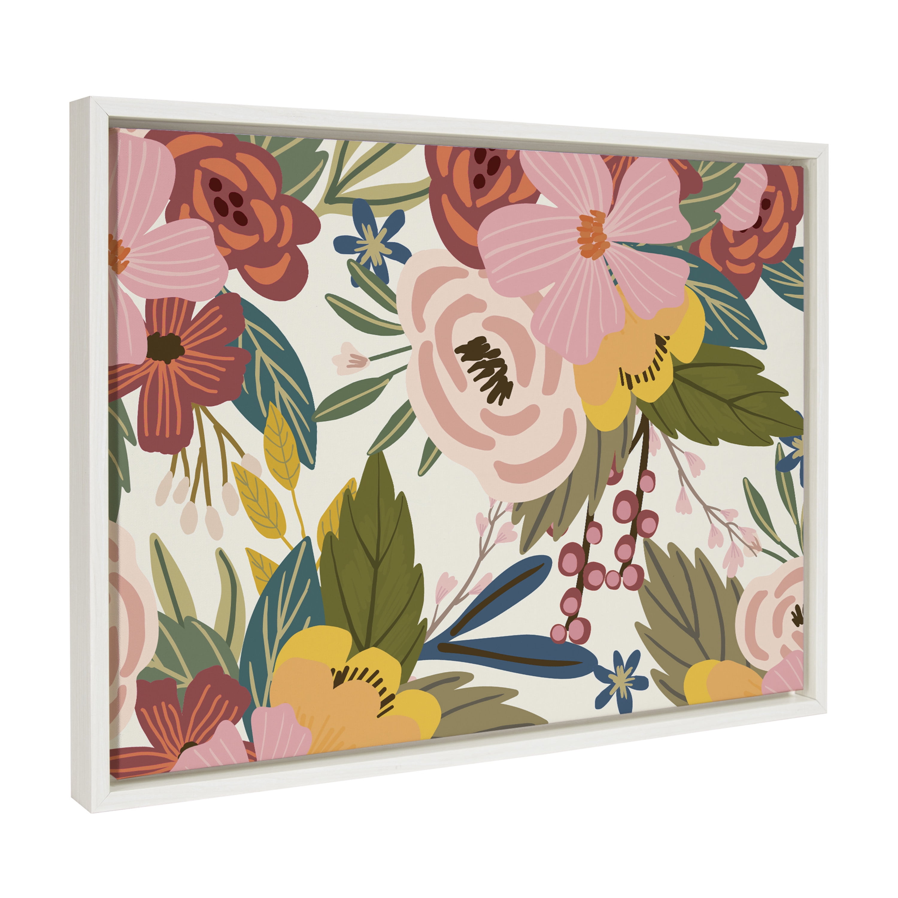 Colorful Botanical Floral Abstract Canvas Wall Art, 18x24 White Frame