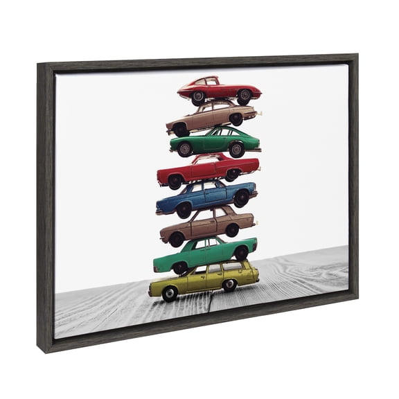 Kate and Laurel Sylvie Stacked Cars Framed Canvas Wall Art by Saint and Sailor Studios, 18x24 Gray, Modern Colorful Car Toys Art for Wall