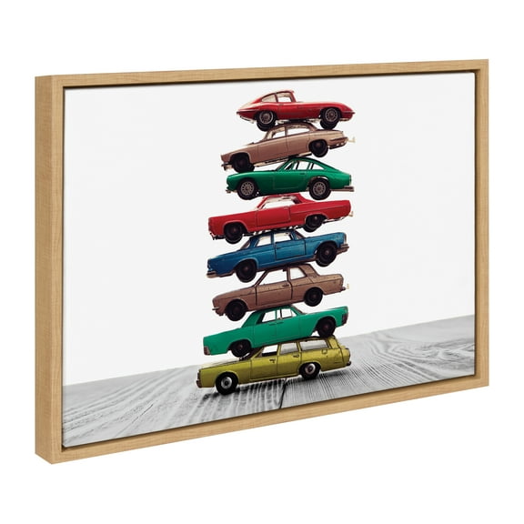 Kate and Laurel Sylvie Stacked Cars Framed Canvas Wall Art by Saint and Sailor Studios, 18x24 Natural, Modern Colorful Car Toys Art for Wall