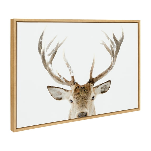 Kate and Laurel Sylvie Stag Peekaboo Framed Canvas Wall Art by Amy Peterson Art Studio, 23x33 Natural, Snowy Deer Portrait Art for Wall