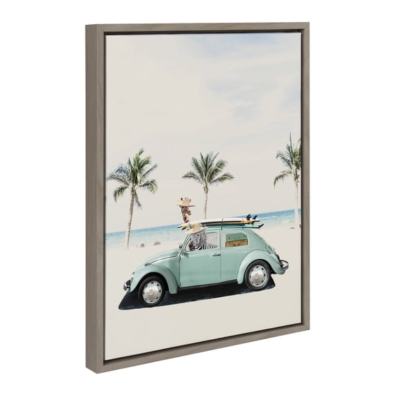 Kate and Laurel Sylvie Summer Adventures Framed Canvas Wall Art by July Art Prints, 18x24 Gray, Zoo Animal Beach Car Wall Decor