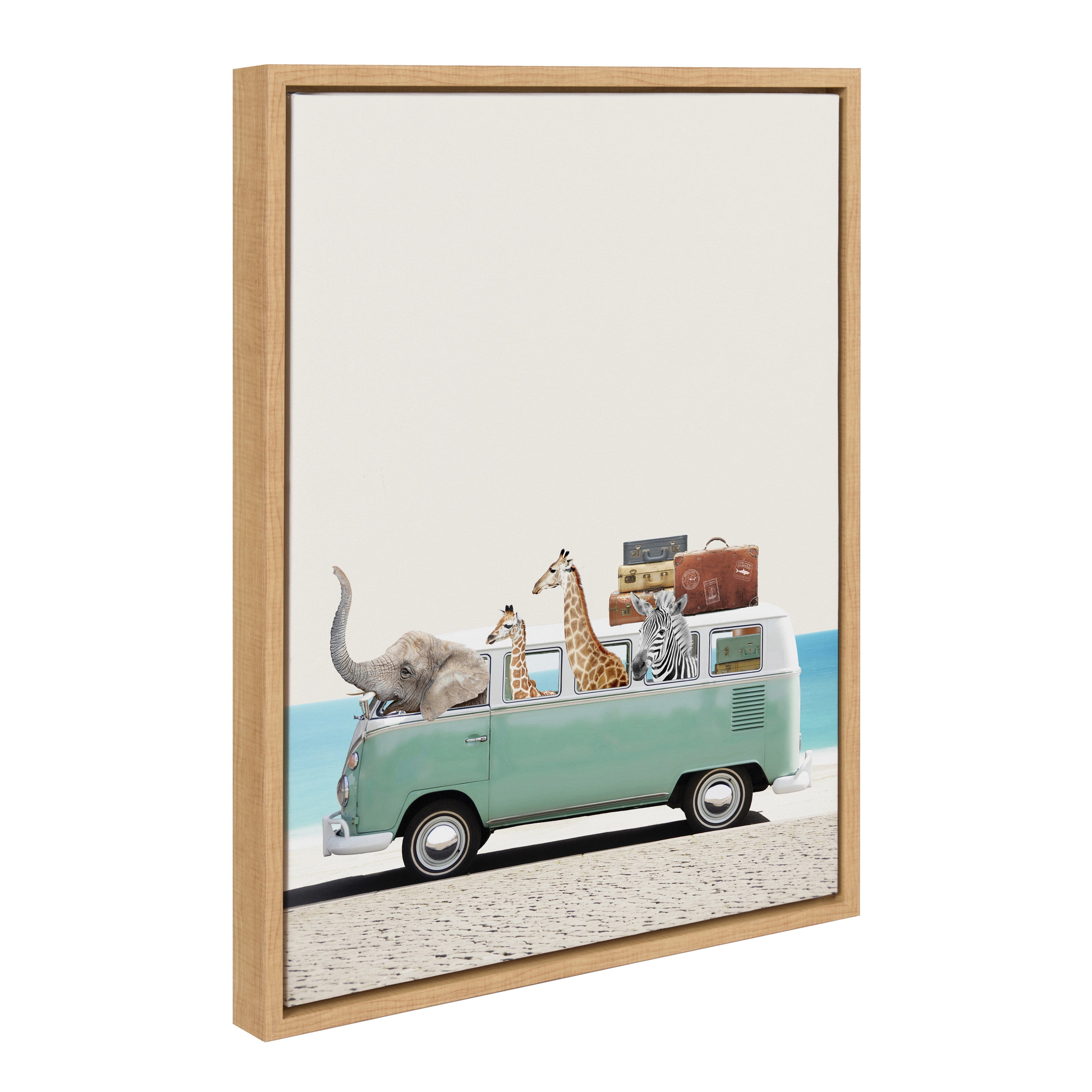 Natural Framed Canvas Print of Zoo Animals on Beach Adventure, 18" x 24"